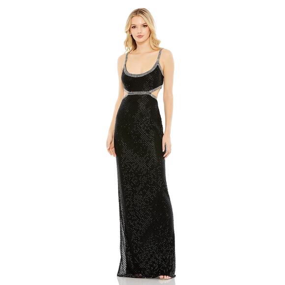 MAC DUGGAL 93664 Beaded Sleeveless Open Back Cut Out Gown Black Slit 8 NEW - Picture 1 of 9